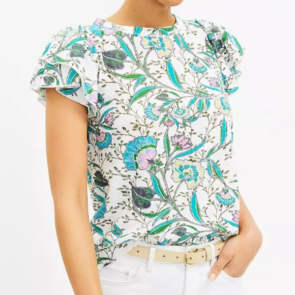 Loft Women's White Turquoise Floral Tiered Ruffle Short Sleeve Spring Top Medium - Picture 8 of 9